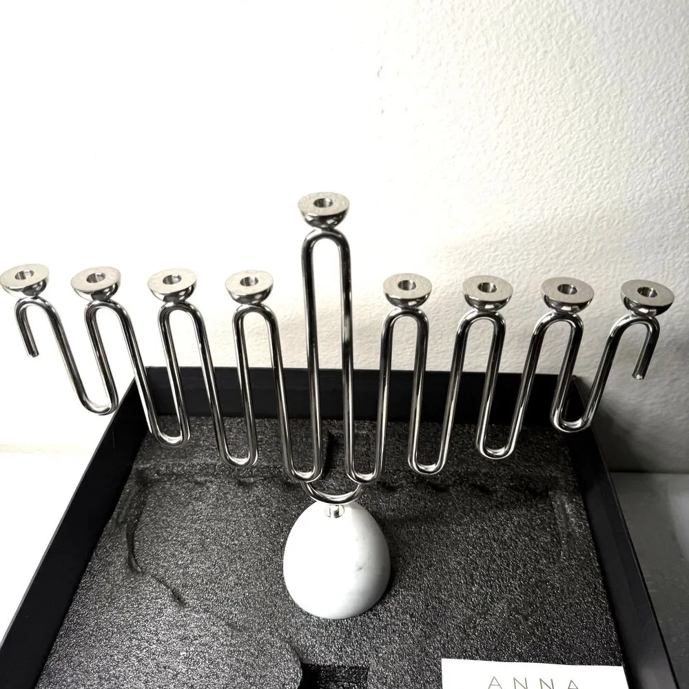 ANNA New York Coluna Silver & Carrara Marble Menorah Modern Hanukkah Holder